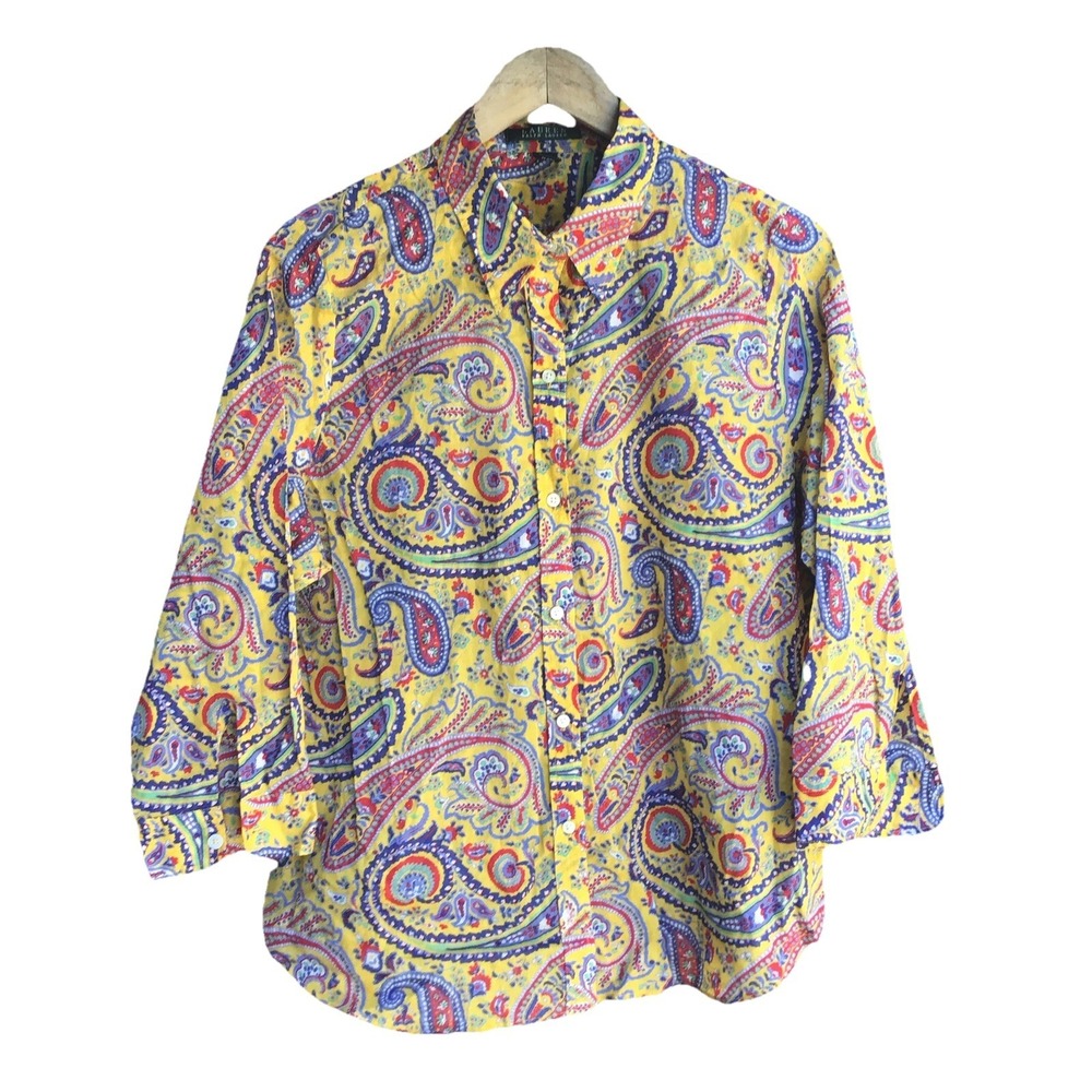 Lauren Ralph Lauren Women's Yellow Paisley Button Front Shirt XL Psychedelic